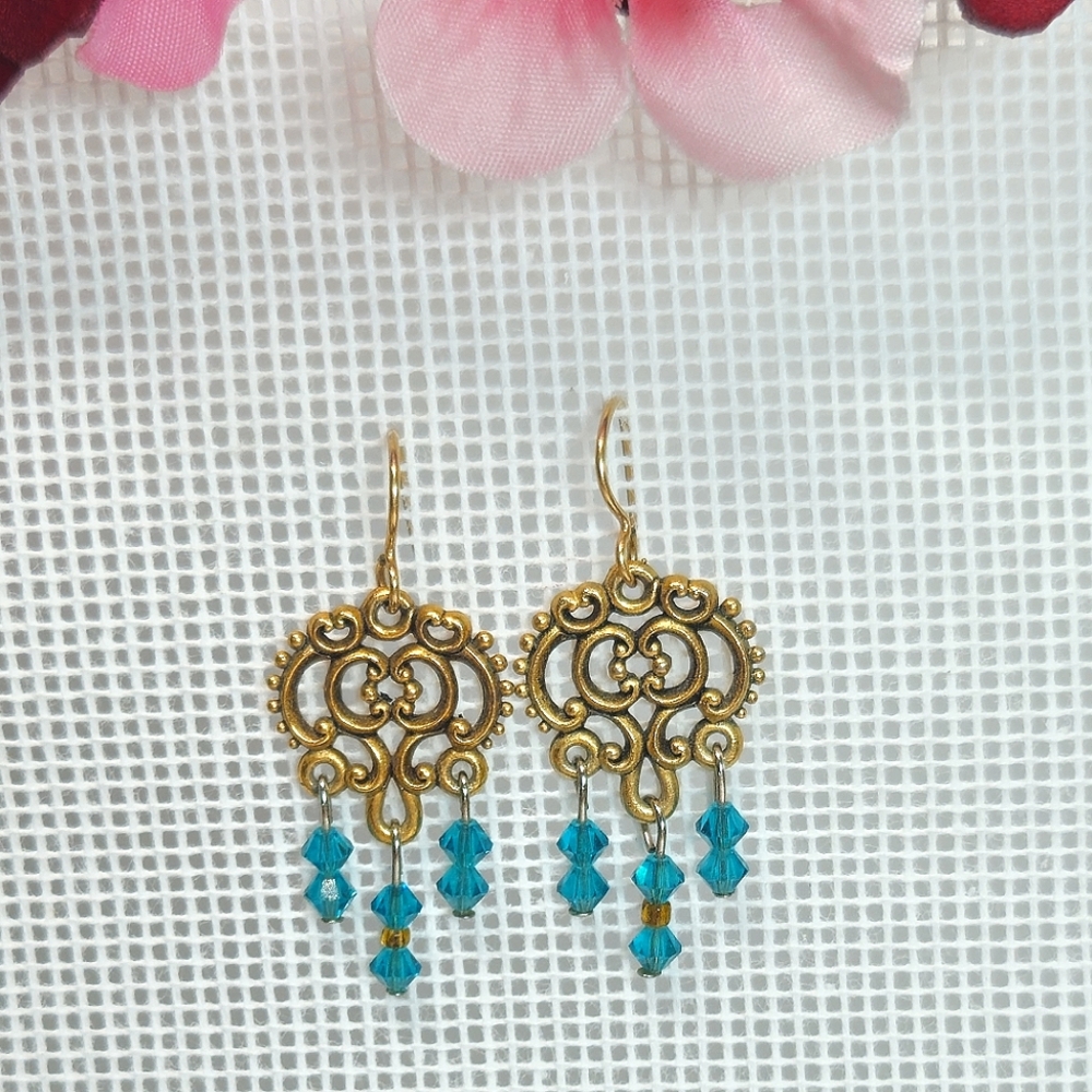 Gold Filigree & Teal Crystal Chandelier Dangle Earrings by Apple of Eden Jewelry